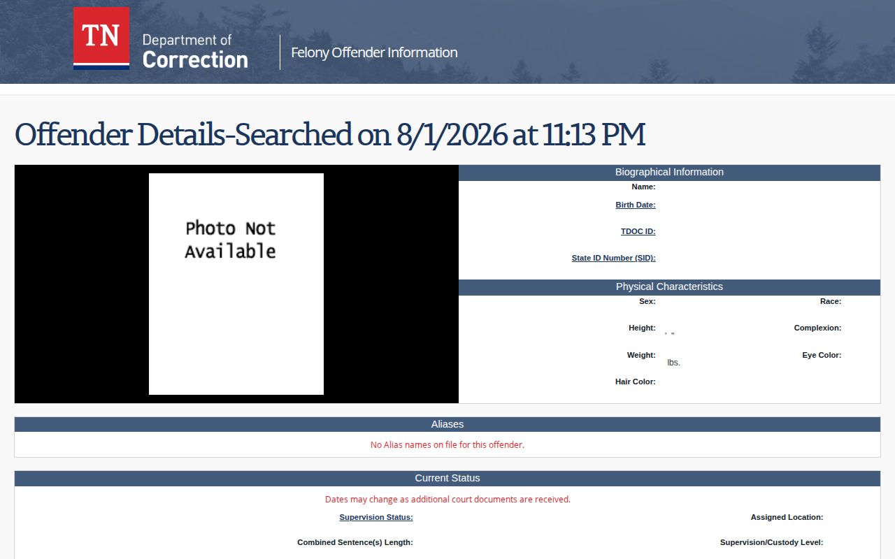 Hickman County projected release date fields in TDOC FOIL