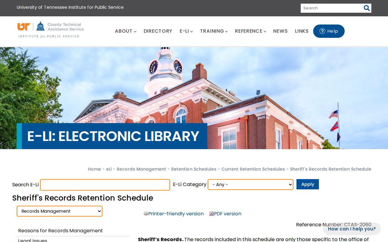 Tennessee CTAS sheriff records schedule describing Hickman County jail register retention