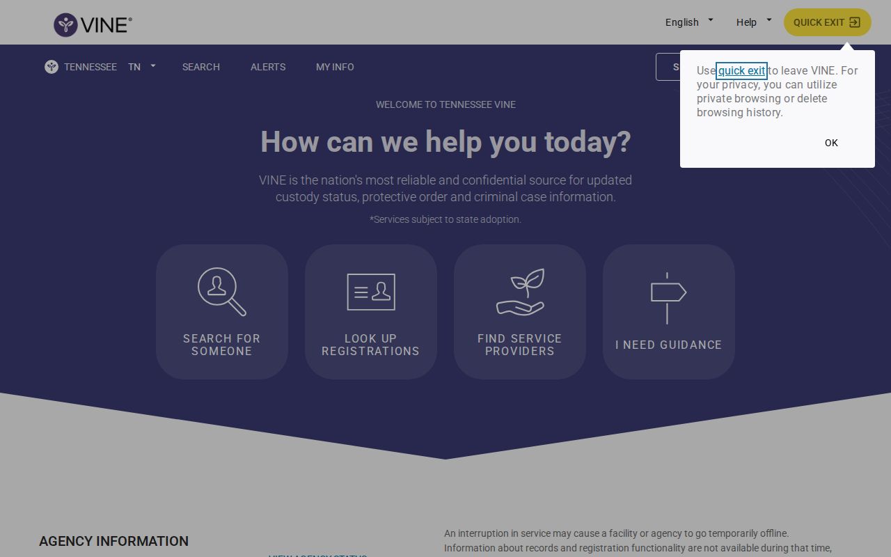 Hickman County VINELink inmate search and release alert screen