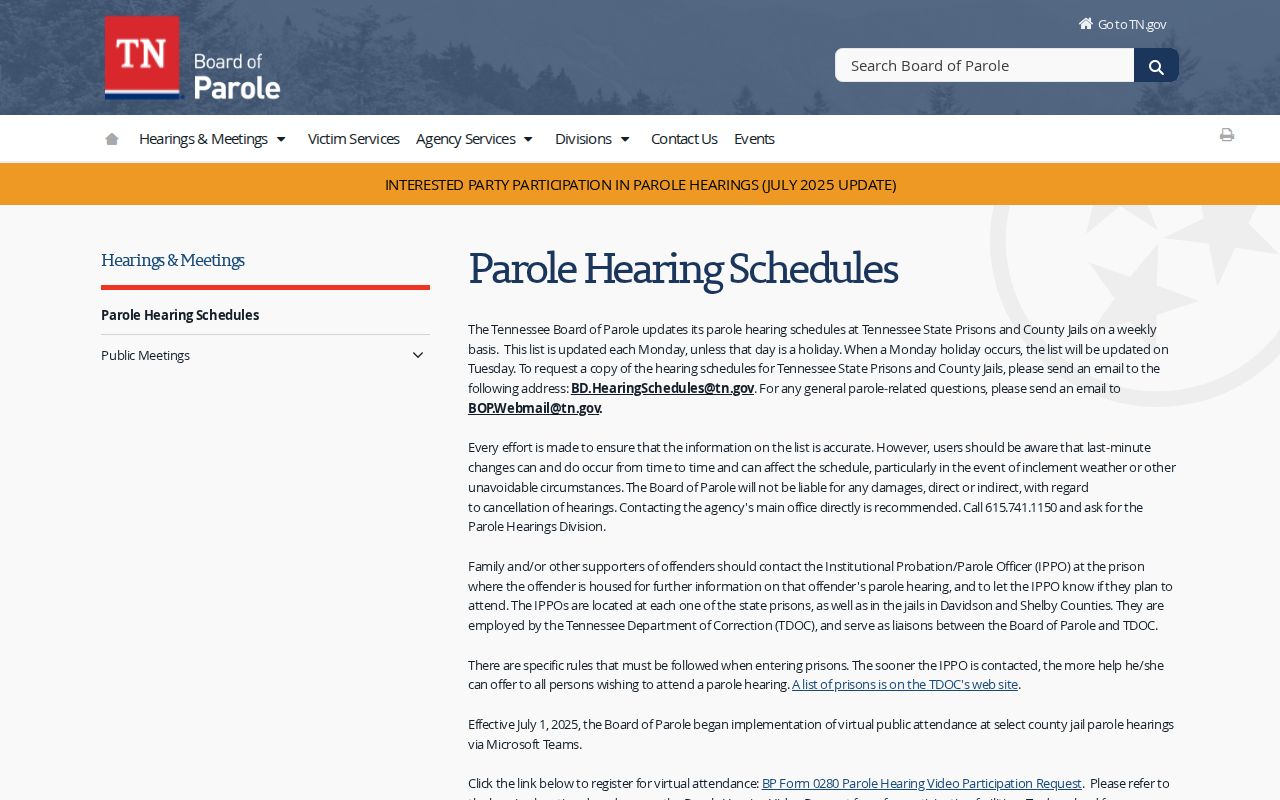 Hickman County parole hearing schedule procedure